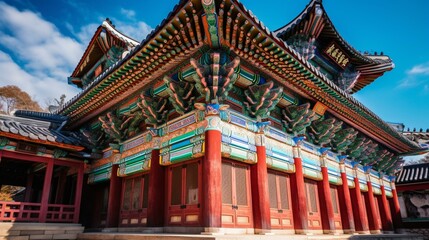 A traditional Korean palace adorned with intricate details and bright colors Generative AI