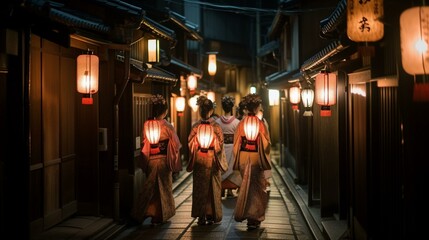 Naklejka na ściany i meble A group of Japanese geisha walking down a lantern-lit street Generative AI