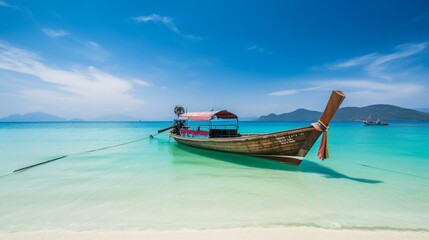 Fototapeta na wymiar A colorful Thai long-tail boat floating on the clear blue waters of a beach Generative AI