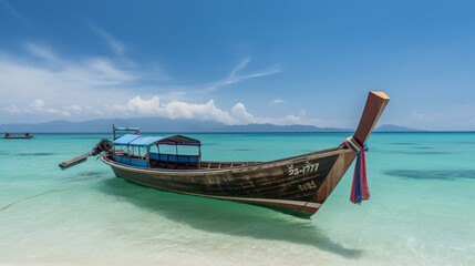 A colorful Thai long-tail boat floating on the clear blue waters of a beach Generative AI