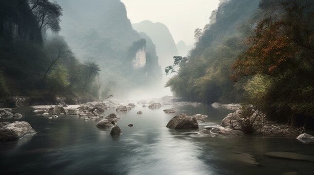 A tranquil river flowing through a misty Chinese landscape Generative AI