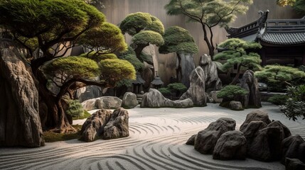 A serene Chinese zen garden with a rock formation and bonsai trees Generative AI