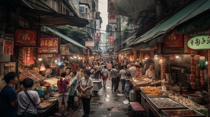 Obraz na płótnie Canvas A bustling Chinese street filled with street vendors selling delicious food Generative AI