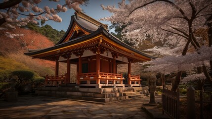Fototapeta premium A Japanese Shinto shrine surrounded by cherry blossom trees Generative AI