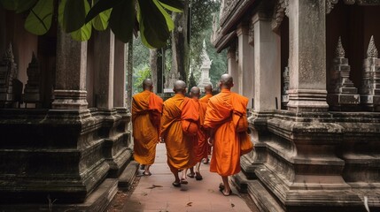 Obraz premium A group of Thai monks walking through a temple complex Generative AI