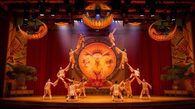A group of Chinese acrobats performing in a grand theater Generative AI