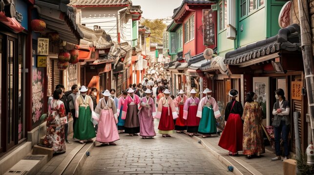 A colorful Korean street filled with traditional hanbok-wearing people Generative AI