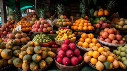 Naklejka na ściany i meble A vibrant Thai fruit market with exotic fruits on display Generative AI