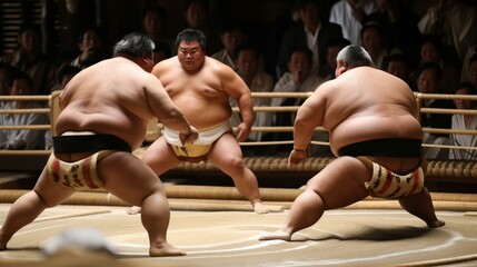 A group of Japanese sumo wrestlers in action Generative AI