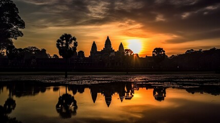 Fototapeta na wymiar //A stunning sunrise over the temples of Angkor Wat in Cambodia Generative AI