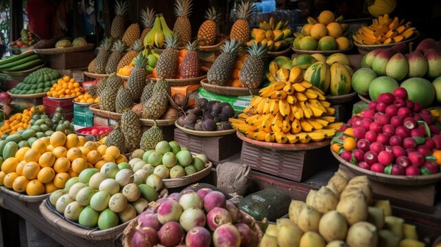 A vibrant Thai fruit market with exotic fruits on display Generative AI
