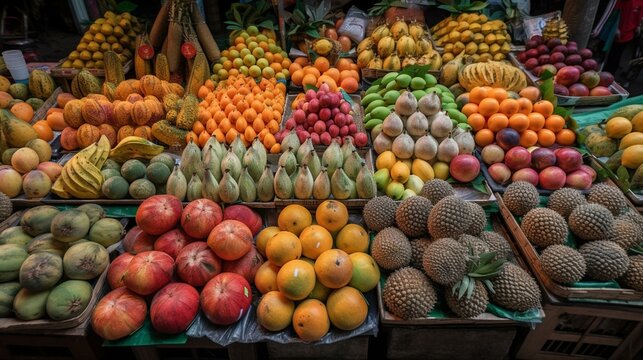A vibrant Thai fruit market with exotic fruits on display Generative AI