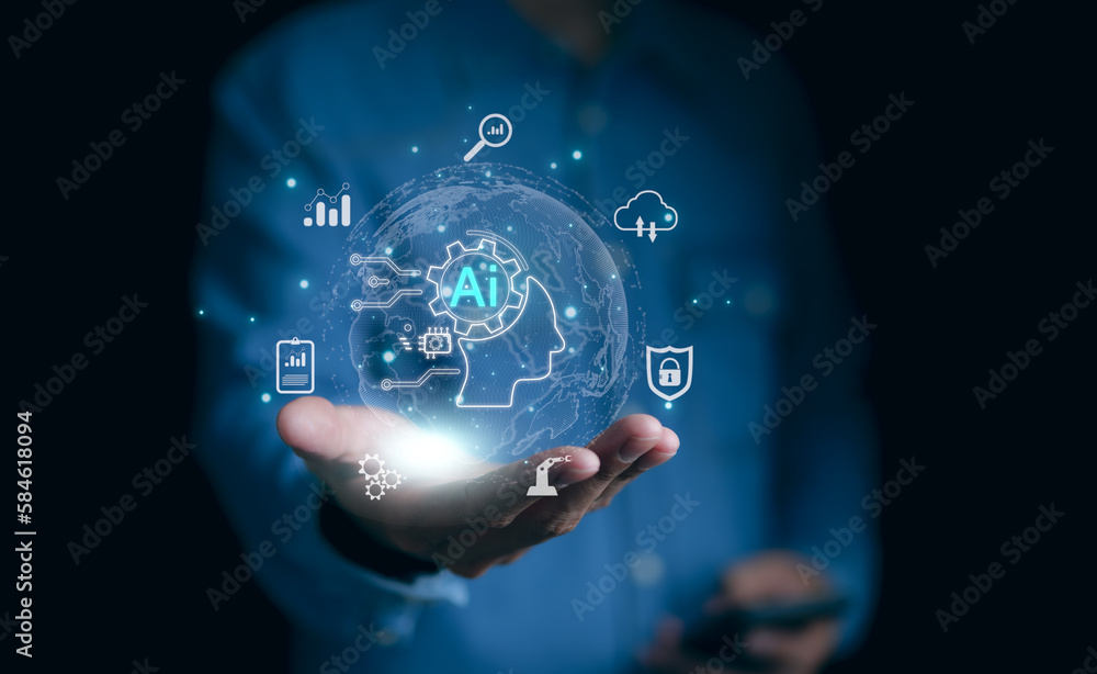 Poster ai, the concept of artificial intelligence use analytics, automation, and an autonomous brain. big d