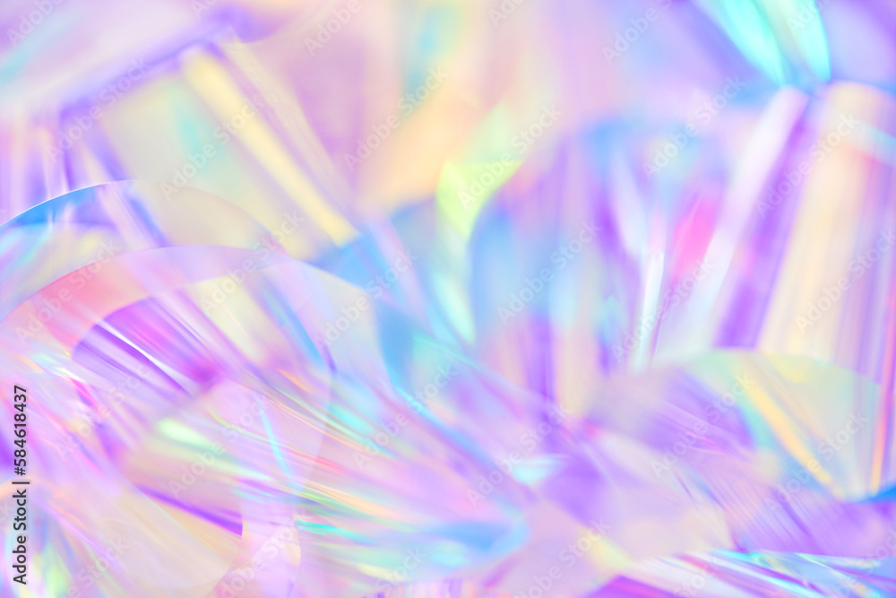 Wall mural blurred close-up of ethereal pastel neon blue, purple, lavender, yellow holographic metallic foil ba