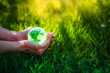 Hands holding glass Earth globe in green grass. Earth Day environment concept. Golden sunlight and green nature with crystal planet Earth in hand for environmental protection and care.