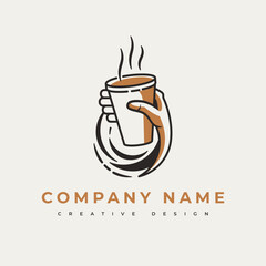 Coffee To Go Logo. Bring your reusable coffee cup. Eco friendly tableware item. Emblem with hand holding hot drink. Take away coffee design element for sign