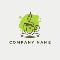 Love Tea Outline Logo. Simply lineart cup of hot drink with steam and heart. Line icon with green a blob. Herbal teatime sign