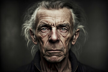 Fototapeta na wymiar Generative AI image portrait of elderly man with gray hair and wrinkled face on black background