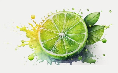 Drawn lime on white background watercolor tropical fruit organic food illustrations Generative AI