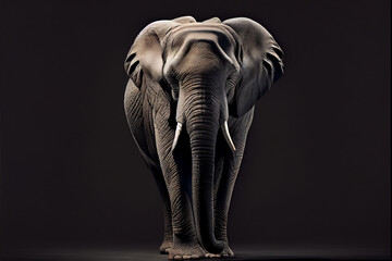 Fototapeta na wymiar illustration of wild gray elephant walking towards camera against black background. Generative AI