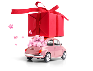 Pink car delivering red gift box with ribbon and flowers  on transparent background.