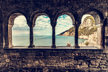 Ancient window of St. Peter Church in Porto Venere, Italy