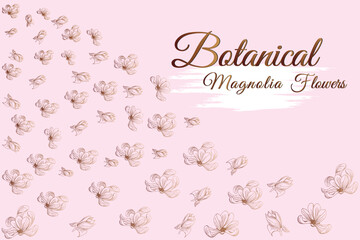 Magnolia line flowers.
frame and pink background vector illustration.