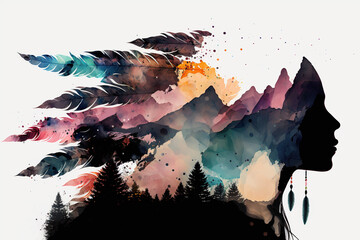 Profile of native american woman, goddess, double exposure with feathers, earrings, mountain, forest, AI generative illustration in watercolor