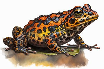 Oriental fire bellied toad in style of watercolor pencils on white paper, AI generative