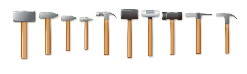Set of hammers with a wooden handle. Vector industrial workers tool. Equipment for repair, contract and locksmith work. Vector