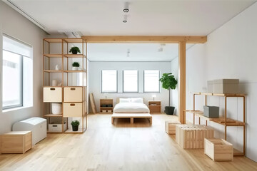 Interior, simple minimal loft studio flat with wooden furniture, muji style, AI generative