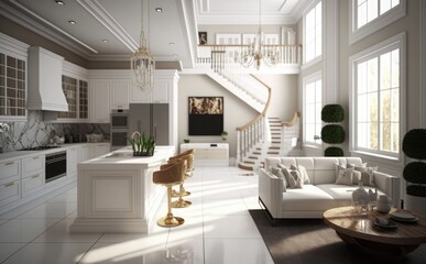 Fototapeta na wymiar modern Interior of living room panorama with sofa, lamp and plants