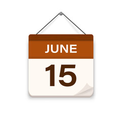 June 15, Calendar icon with shadow. Day, month. Meeting appointment time. Event schedule date. Flat vector illustration. 