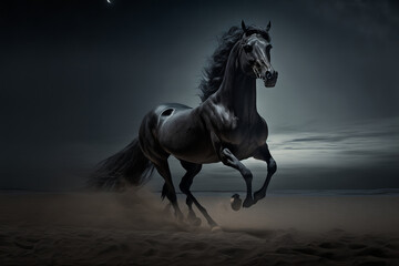 Naklejka na ściany i meble Generative AI illustration of black horse running on sandy beach near sea on cloudy night