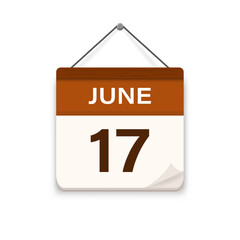June 17, Calendar icon with shadow. Day, month. Meeting appointment time. Event schedule date. Flat vector illustration. 