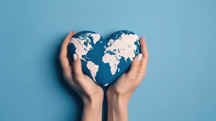 Female hands, painted in the world map, forming heart shape isolated on blue background. Generative AI