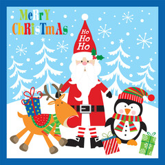 christmas card with santa claus, reindeer and penguin