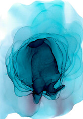 A lush light azure rose with a dark blue silhouette in the middle. Soft watercolor cloud of translucent smoke. Abstract pattern in fluid art technique for creative wallpaper for holiday cards or print