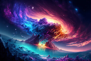 Fototapeta na wymiar Generative AI image of amazing view of volcano erupting with colorful smoke near sea on starry night