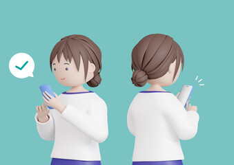 3DCG｜スマホ画面を確認する若い日本人女性