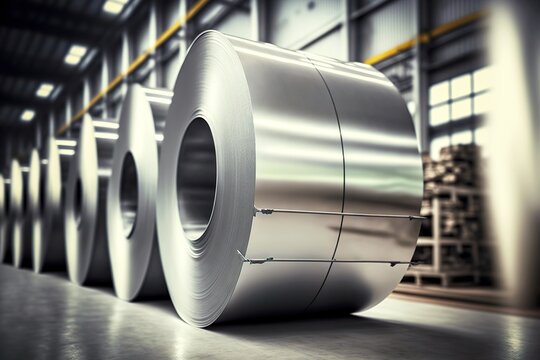 Large coils with aluminum foil produced in aluminum industry factory, created with generative ai