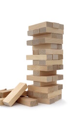 A game of wooden bricks in a half-destroyed state be on a white background.