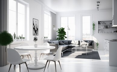 modern Interior of living room panorama with sofa, lamp and plants