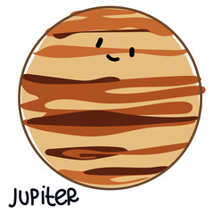 Isolated large colored planet Jupiter with a face and signature. Cartoon vector illustration of a cute smiling planet in the solar system. Use for a logo for children's products. © Svetlana