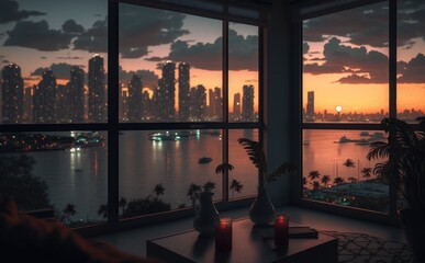 Fototapeta na wymiar apartment interior panorama evening view