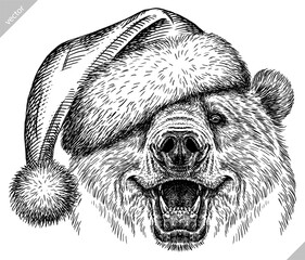 Vintage engrave isolated black bear set dressed christmas illustration ink santa costume sketch. American grizzly background asian animal silhouette new year hat vector art