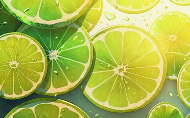 Drawn lime slices texture watercolor tropical fruit organic food illustrations Generative AI