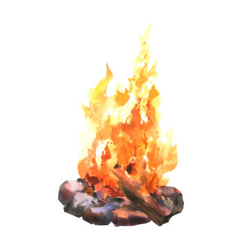 Watercolor bonfire with wood on the campfire camp place. Hand drawn illustration isolated on white background. Used for traveling, trip, hiking, camper, nature, fishing