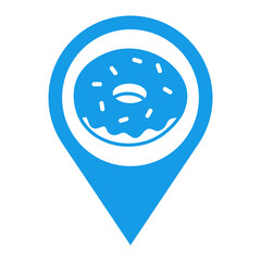Icono aislado de silueta de donut con glaseado y toppings en puntero de ubicación color azul