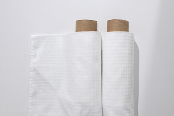 White cotton Fabric Rolls Mockup. Pieces of textile. Towel